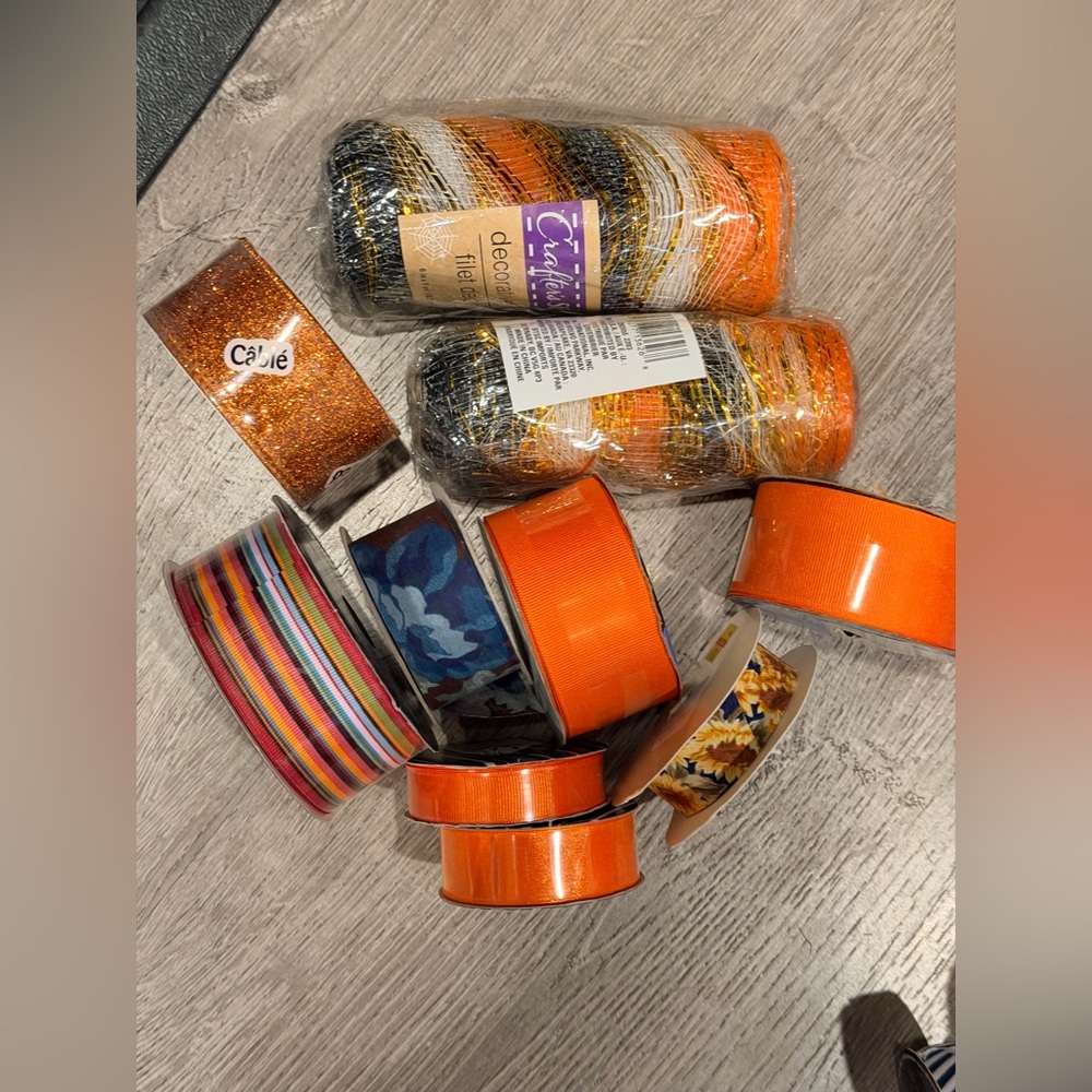 Assorted Orange Fall Colors Decorative Ribbons and Mesh Spools